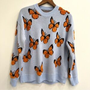 Chicwish fuzzy shag pastel blue orange butterfly novelty print sweater size M/L